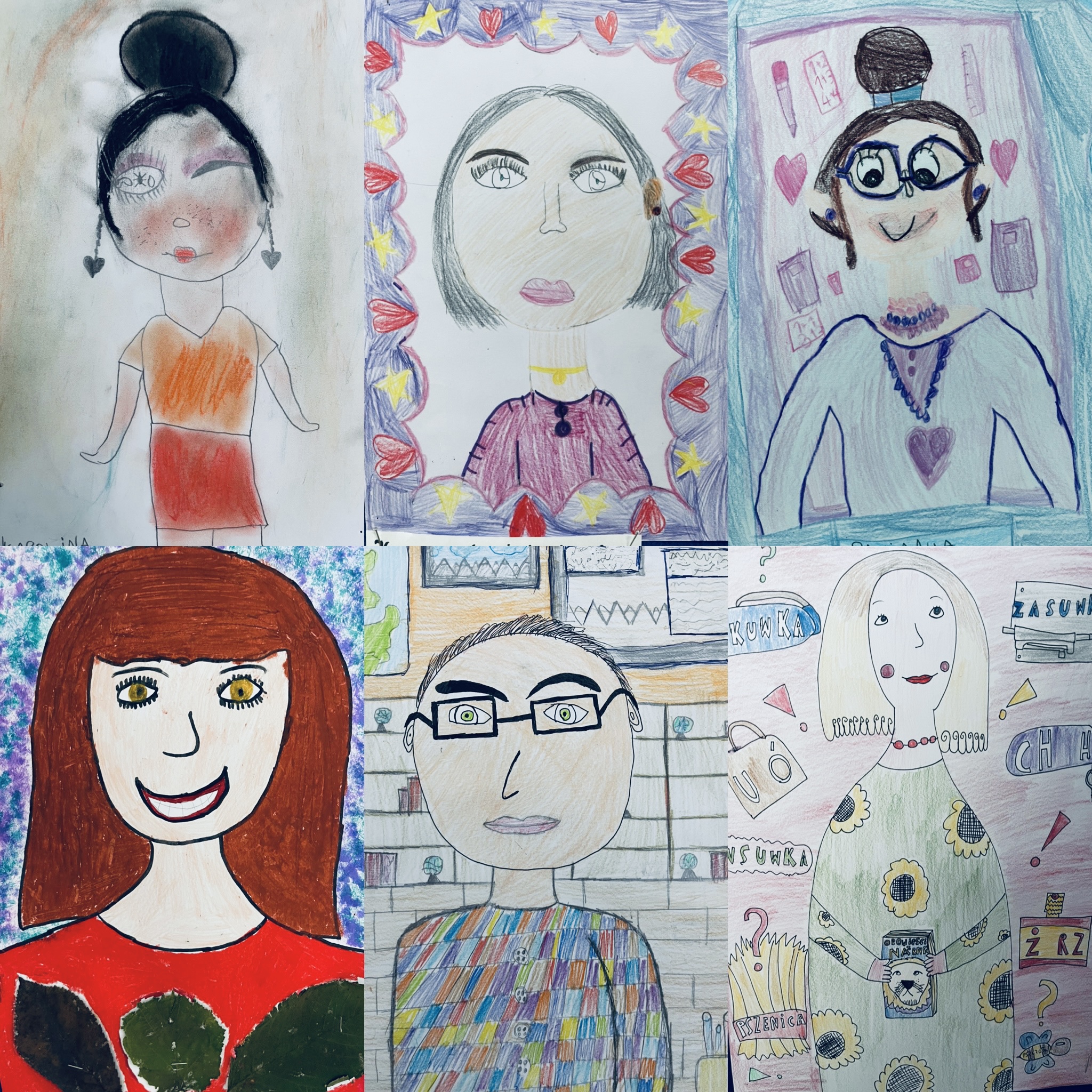 Kolaż prac plastycznych - portrety nauczycieli