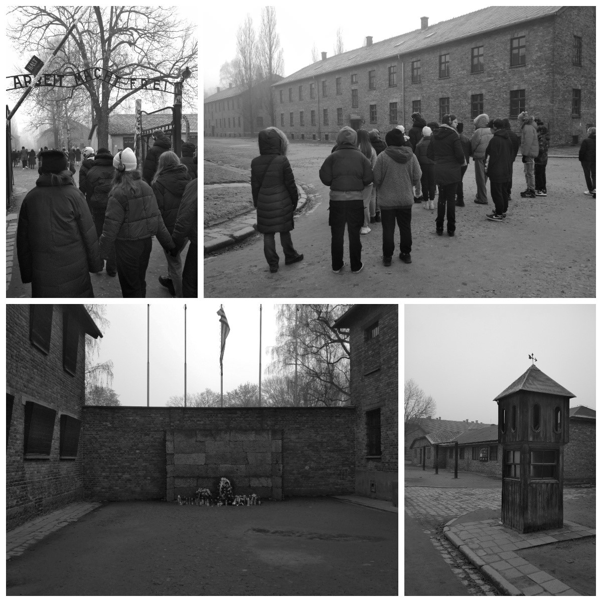 Kolaż zdjęć z byłego niemieckiego nazistowskiego obozu koncentracyjnego i zagłady w Auschwitz-Birkenau