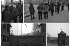 Kolaż zdjęć z byłego niemieckiego nazistowskiego obozu koncentracyjnego i zagłady w Auschwitz-Birkenau