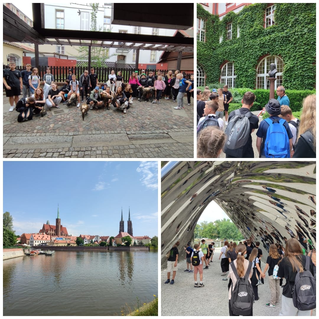 Uczniowie podczas zwiedzania Wrocławia - kolaż zdjęc