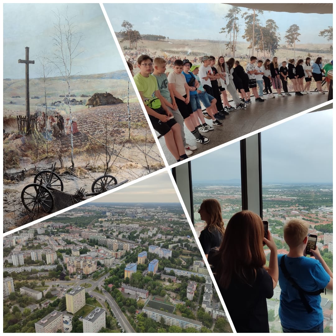 Kolaż zdjęć uczniowie w Panoramie Racławickiej i w Sky Tower