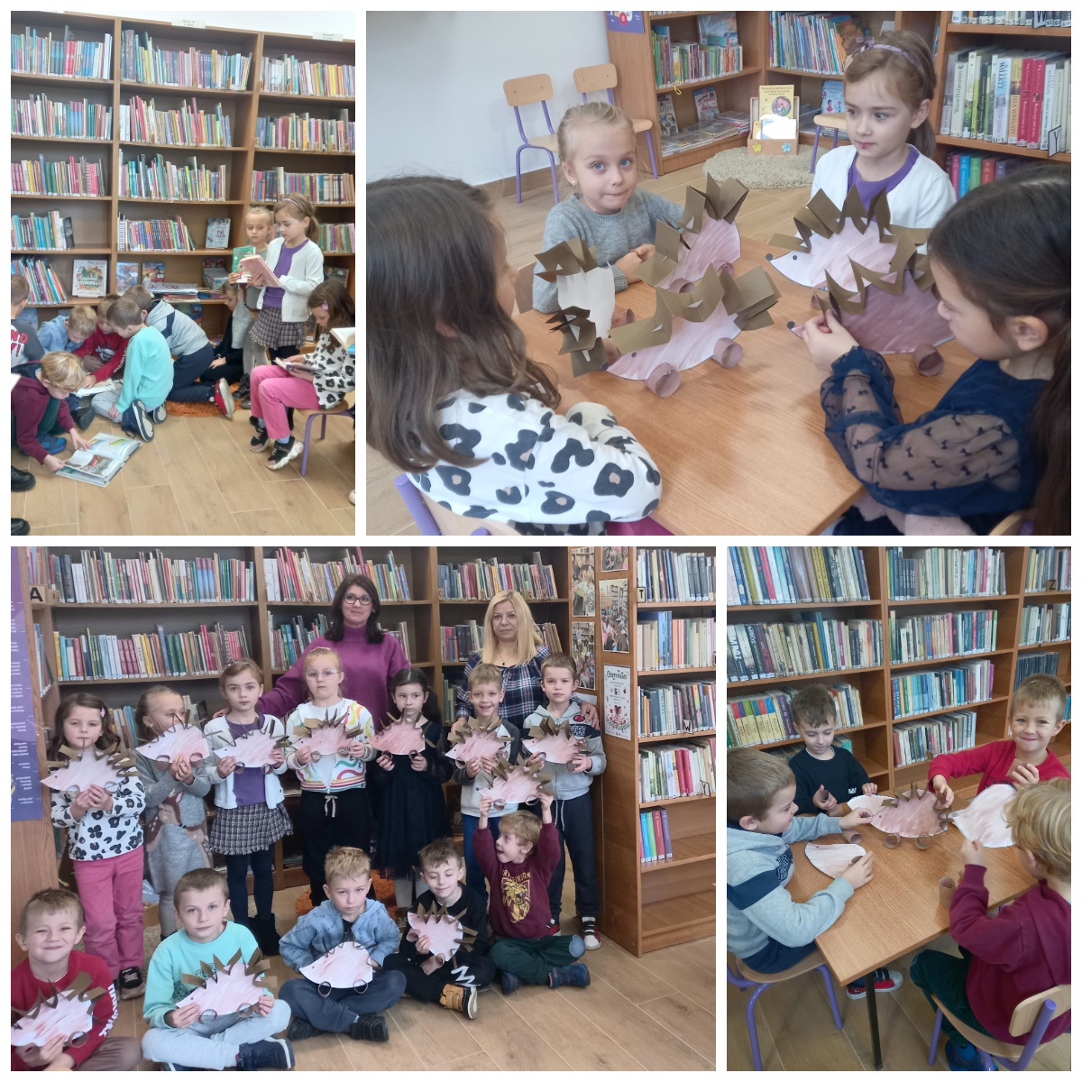 Kolaż zdjęć - przedszkolaki w bibliotece podczas zajęć