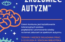 Plakat w kolorze niebieskim opisujący konkurs plastyczny "zrozumieć autyzm"